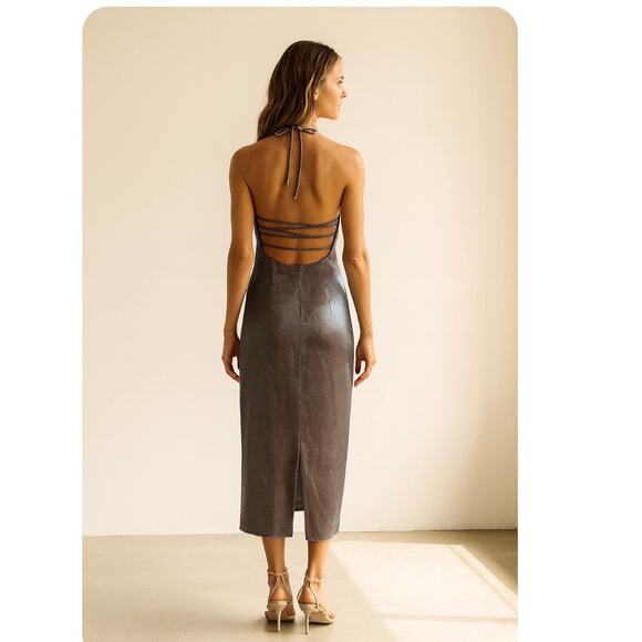 Zara Merallic Silver Strappy Back Slip Maxi Semi Formal Dress Wedding Guest - Picture 1 of 12